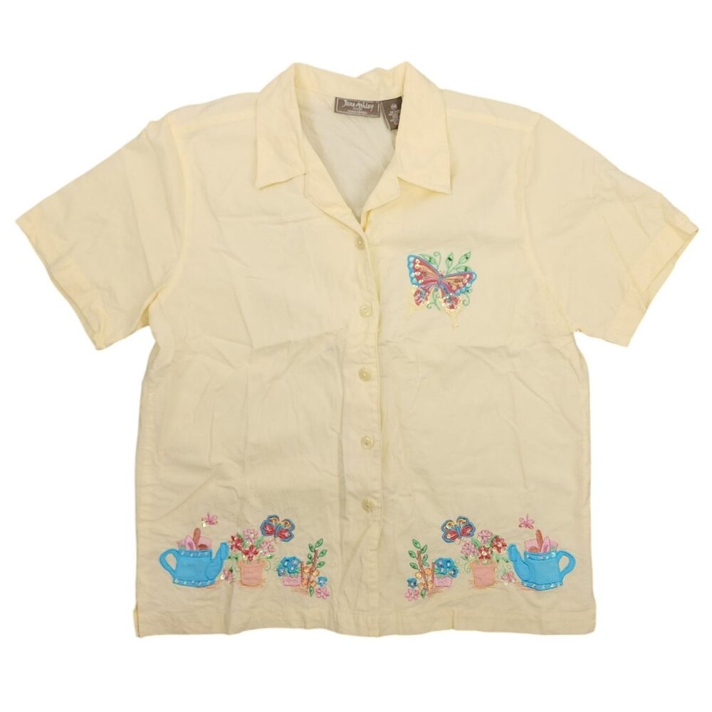 Women's Vintage Jane Ashley Petite Yellow Blouse Gardening Butterfly Beaded Med